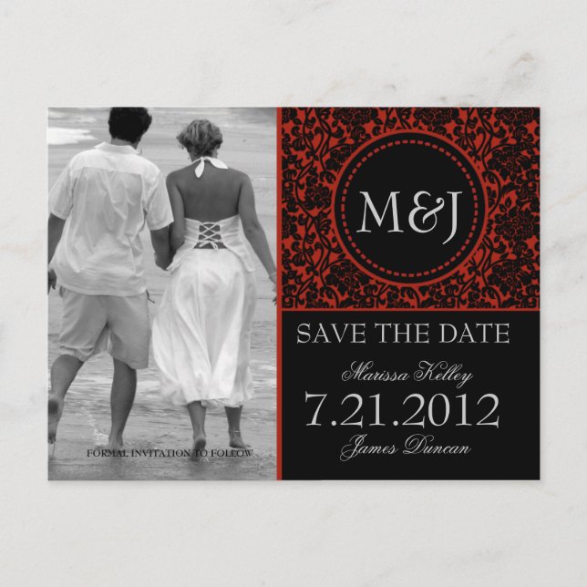 Gothic Black & Red Flourish Save the Date Announcement Postcard (Front)