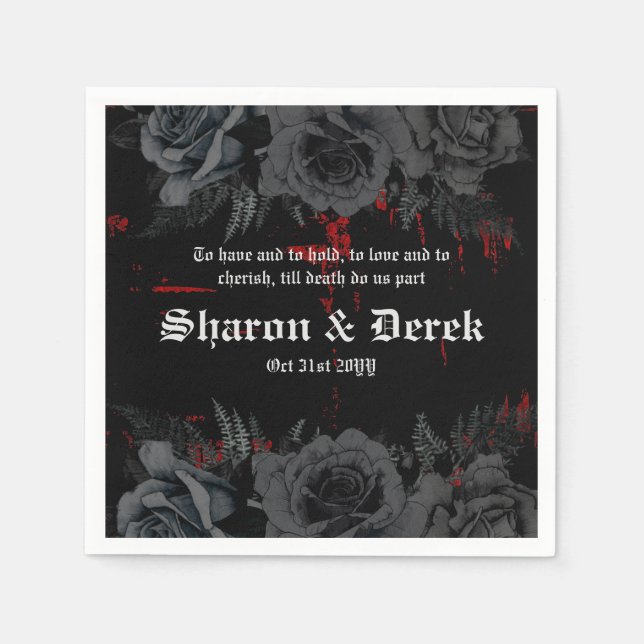 Gothic Black Red Grunge Textured | Black Roses Napkins (Front)