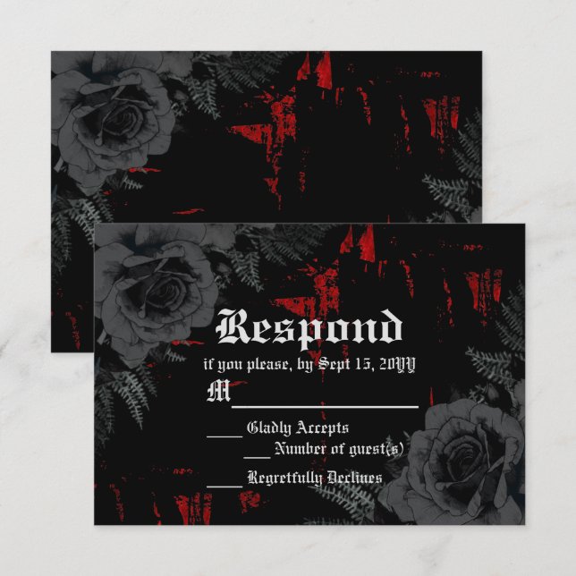 Gothic Black Red Grunge Textured | Black Roses RSVP Card (Front/Back)