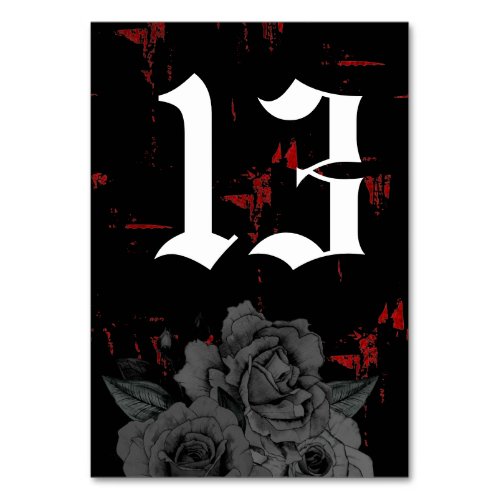 Gothic Black Red Grunge Textured  Black Roses Table Number