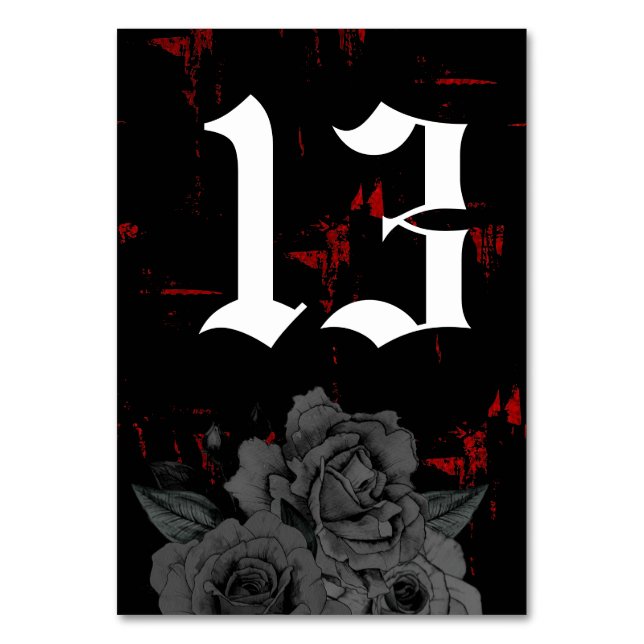 Gothic Black Red Grunge Textured | Black Roses Table Number (Front)