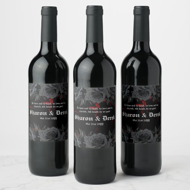 Gothic Black Red Grunge Textured | Black Roses Wine Label (Bottles)