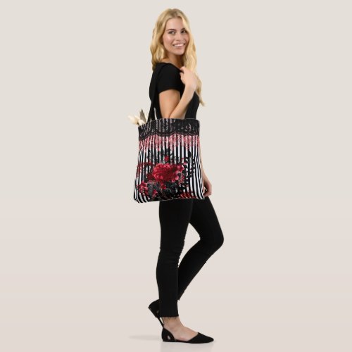 Gothic Black  Red Lace Roses Tote Bag