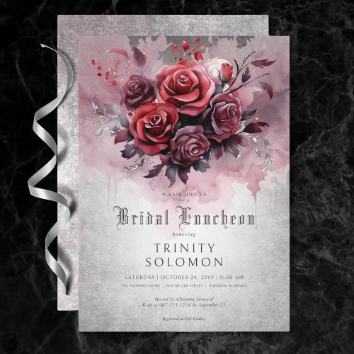 Gothic Black  Red Rose Floral Bridal Luncheon Invitation