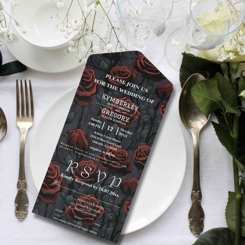 Gothic Black Red Rose White Text Floral Background All In One Invitation