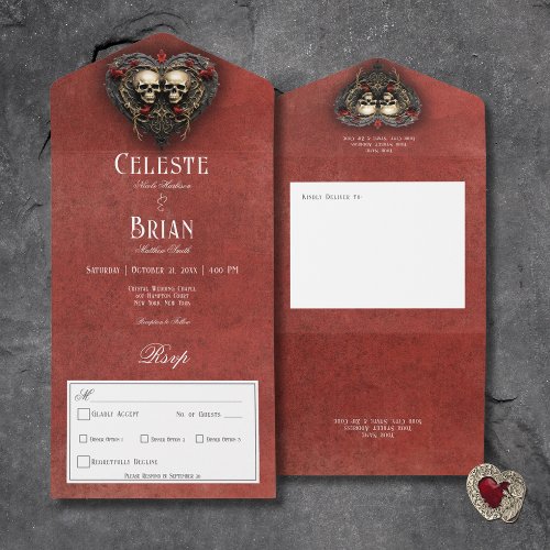Gothic Black  Red Skulls  Heart Red Dinner All In One Invitation