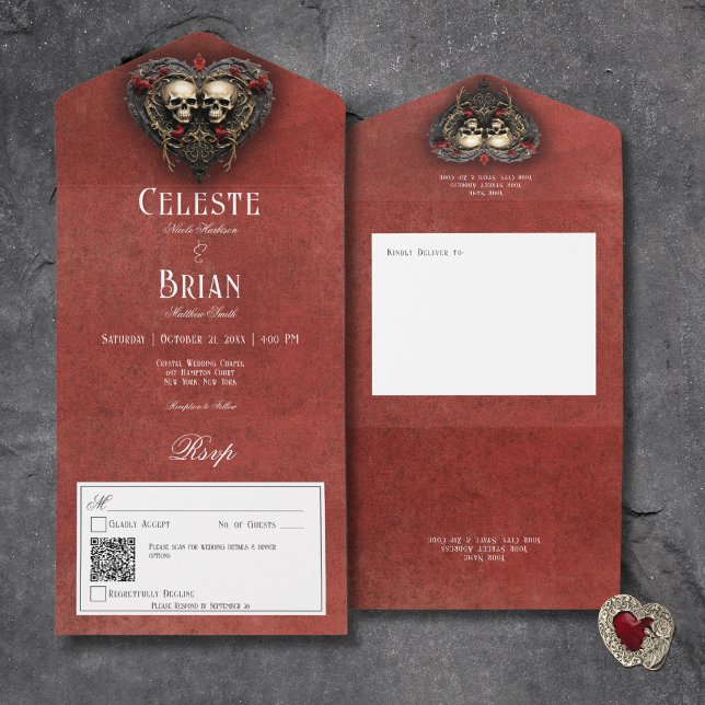 Gothic Black & Red Skulls & Heart Red QR Code All In One Invitation (Gothic Black & Red Skulls & Heart Red All In One Wedding Invitation with QR Code)