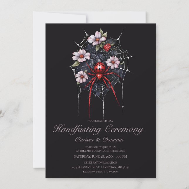Gothic Black & Red Spider Floral Web Handfasting Invitation (Front)