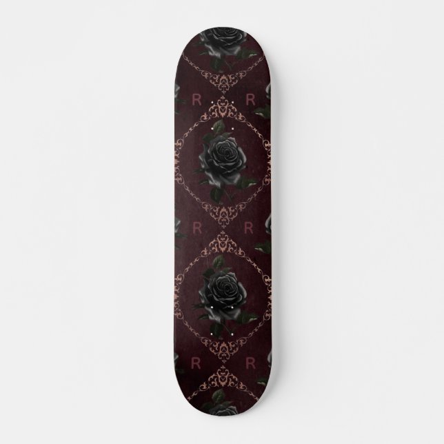Gothic Black Rose Floral Monogram Initial Elegant Skateboard (Front)