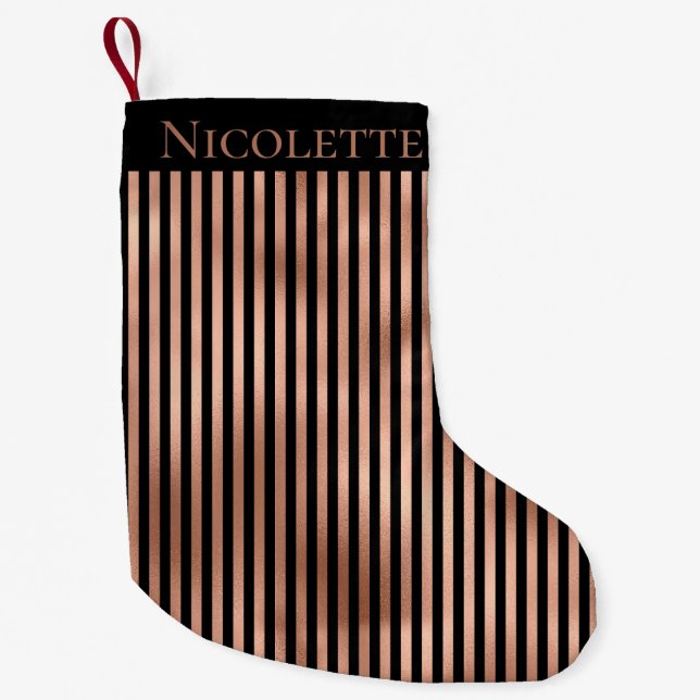 Gothic  Black & Rose Gold Striped Personalized Small Christmas Stocking (Front)