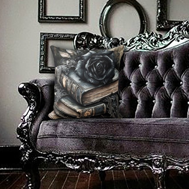 Gothic Black Rose on Book Stack Throw Pillow (Creator Uploaded)