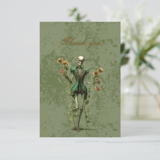 Gothic Black Rose On Grunge Green Thank You Card (Standing Front)