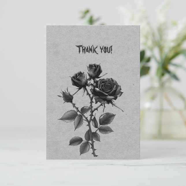 Gothic Black Rose On Steel Gray Thank You Card (Standing Front)