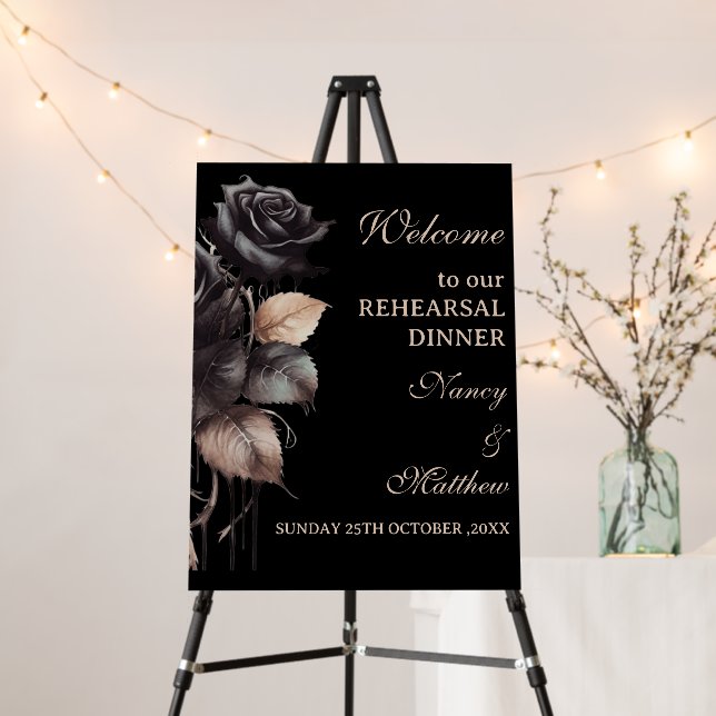 Gothic Black Rose Rehearsal Dinner Welcome Sign (In Situ (Stand))