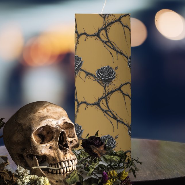 Gothic Black Rose Speedpaint Pattern Pillar Candle (Perfect for Halloween Decor or a Goth themed wedding)