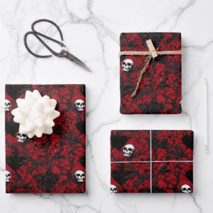 Gothic Black Roses Black Hearts and Skulls Wrapping Paper Sheets