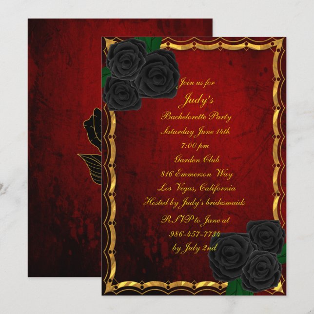 Gothic Black Roses Blood Red Bachelorette Party Invitation (Front/Back)