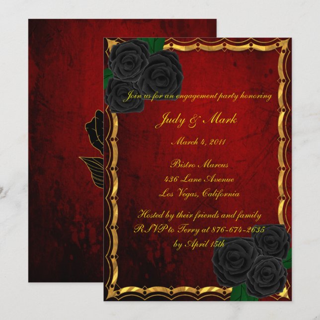 Gothic Black Roses Blood Red Engagement Party Invitation (Front/Back)