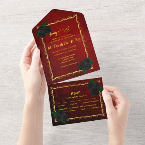 Gothic Black Roses Blood Red Wedding  All In One Invitation