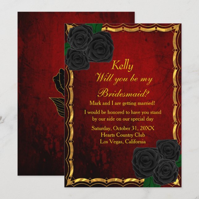 Gothic Black Roses Blood Red Wedding Bridesmaid Invitation (Front/Back)