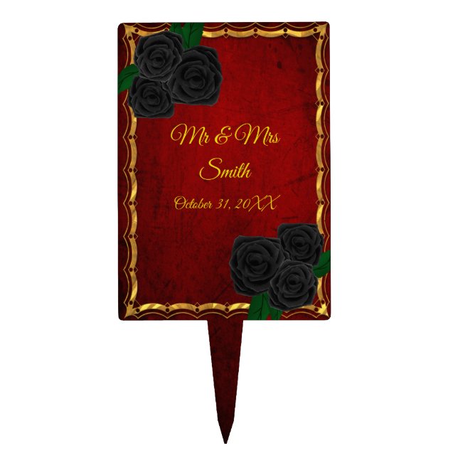 Gothic Black Roses Blood Red Wedding Cake Topper (Front)