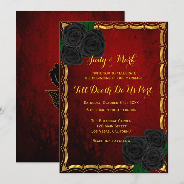 Gothic Black Roses Blood Red Wedding Invitation (Front/Back)