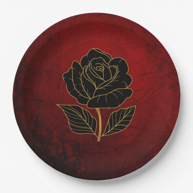 Gothic Black Roses Blood Red Wedding  Paper Plates (Front)