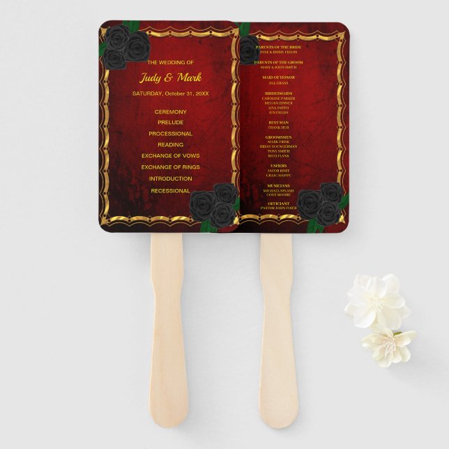 Gothic Black Roses Blood Red Wedding Program Hand Fan (Front and Back)