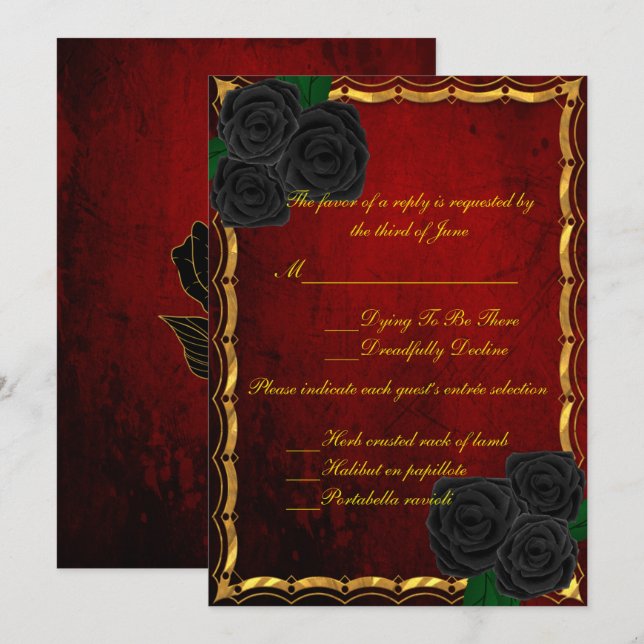 Gothic Black Roses Blood Red Wedding Response Invitation (Front/Back)