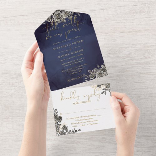 Gothic Black Roses Floral Gold Script Wedding All In One Invitation