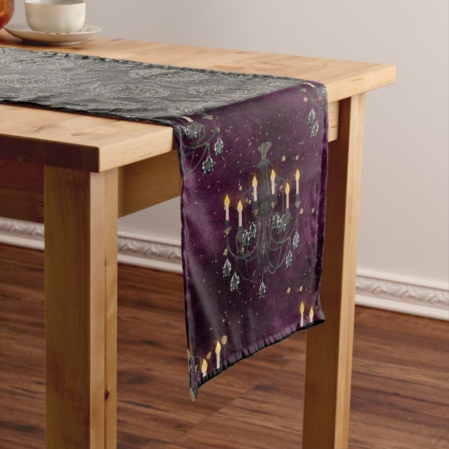 GOTHIC BLACK ROSES & PLUM WITH BLACK CHANDELLIER LONG TABLE RUNNER (In Situ)