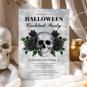 Gothic Black Roses Skull Halloween Cocktail Party Invitation