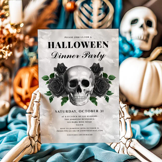 Gothic Black Roses & Skull Halloween Dinner Party Invitation | Zazzle