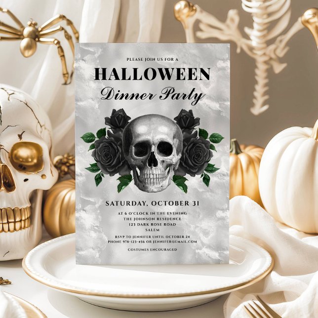Gothic Black Roses & Skull Halloween Dinner Party Invitation (Gothic Black Roses & Skull Halloween Dinner Party Invitation)