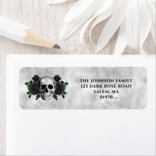 Gothic Black Roses Skull Halloween Return Address Label