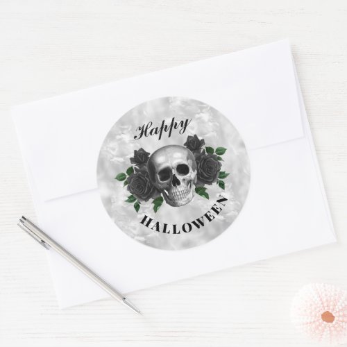Gothic Black Roses  Skull Happy Halloween Classic Round Sticker