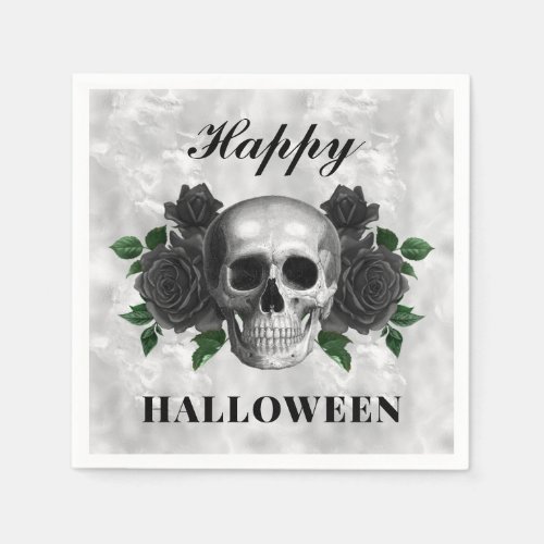 Gothic Black Roses  Skull Happy Halloween Napkins