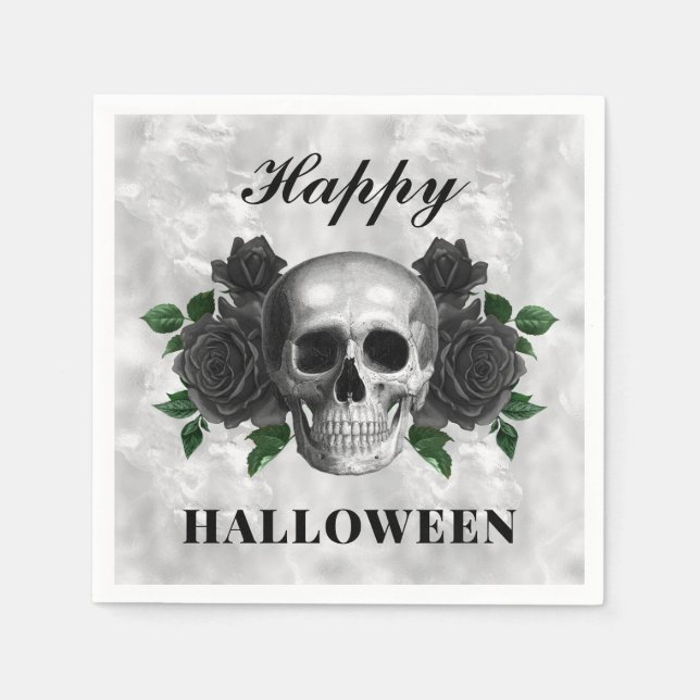 Gothic Black Roses & Skull Happy Halloween Napkins (Front)