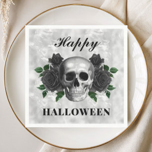 Gothic Black Roses & Skull Happy Halloween Napkins