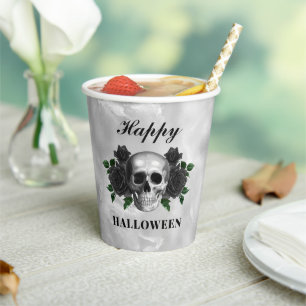 Gothic Black Roses & Skull Happy Halloween Paper Cups