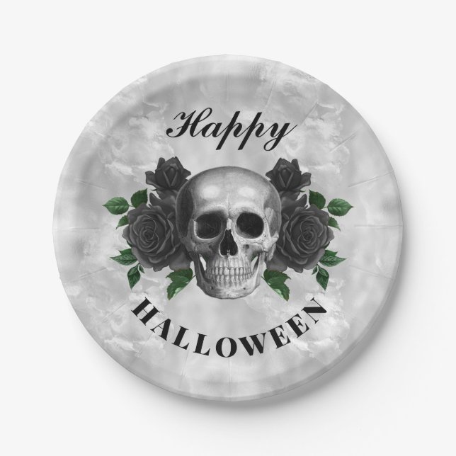 Gothic Black Roses & Skull Happy Halloween Paper Plates (Front)