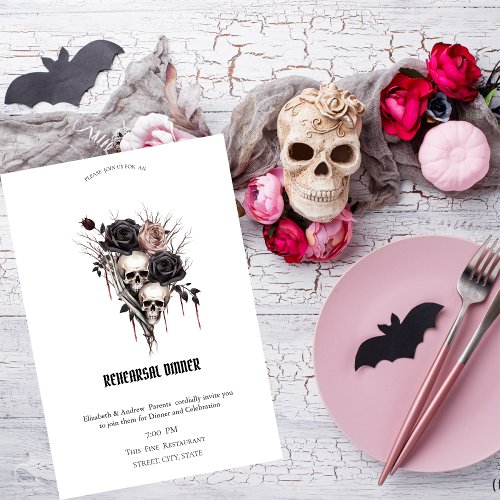 Gothic Black Roses Skulls Rehearsal Dinner   Invitation