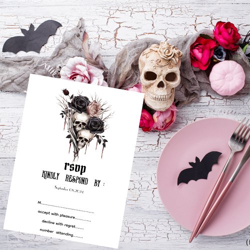 Gothic Black Roses Skulls RSVP   Invitation