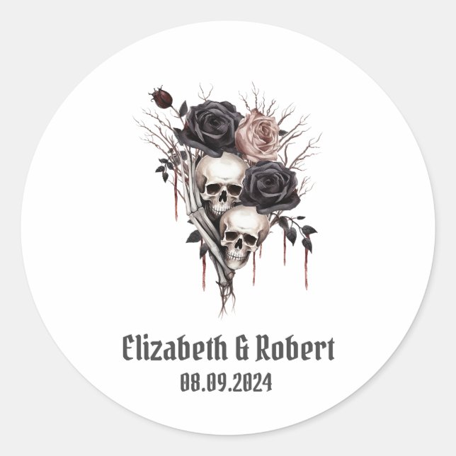 Gothic Black Roses Skulls Wedding  Classic Round Sticker (Front)