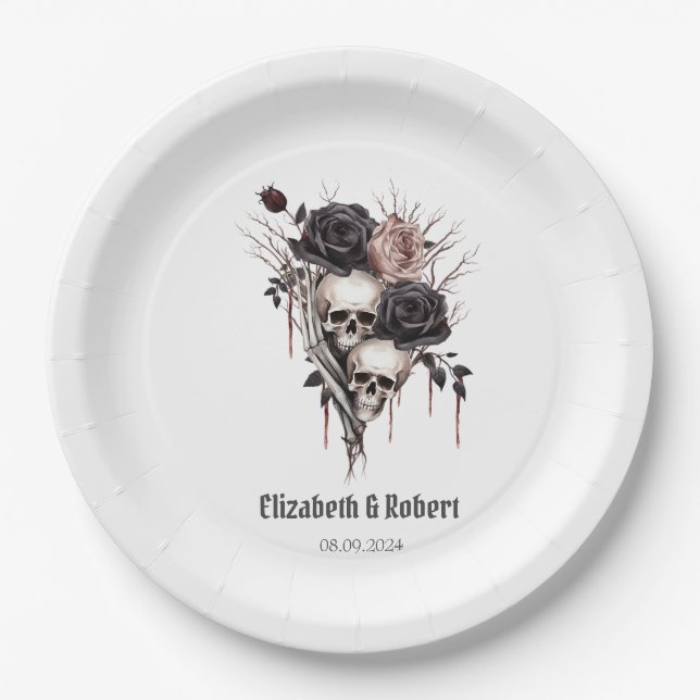 Gothic Black Roses Skulls Wedding  Paper Plates (Front)