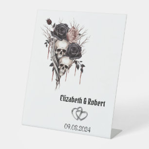 Gothic Black Roses Skulls Wedding Pedestal Sign