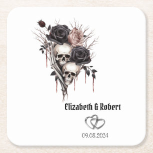 Gothic Black Roses Skulls Wedding  Square Paper Coaster