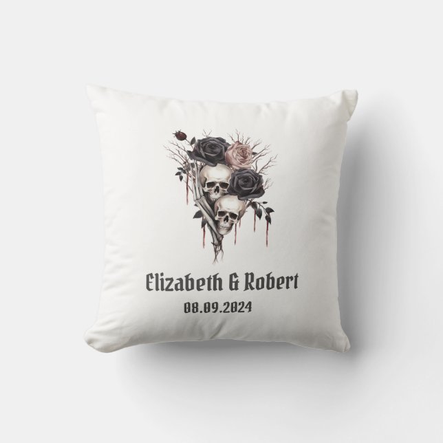 Gothic Black Roses Skulls Wedding  Throw Pillow (Front)