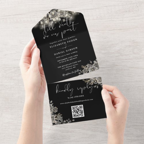 Gothic Black Roses String Lights QR Code Wedding All In One Invitation