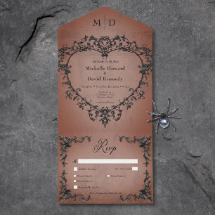 Gothic Black & Rust Filigree Heart Dinner All In One Invitation